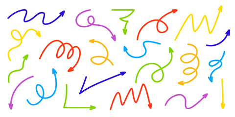 Colorful Arrows Doodle Set. Collection of multicolored handdrawn arrows in various curved shapes and directions. Playful doodle vector elements for infographic, presentation, creative design project