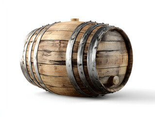 Wooden wine barrel photographed in studio lighting on white background.