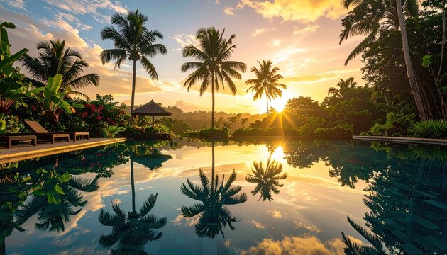Serene tropical infinity pool reflects golden sunset casting sun rays through lush palm trees and vibrant foliage at a tranquil resort paradise in Bali Indonesia