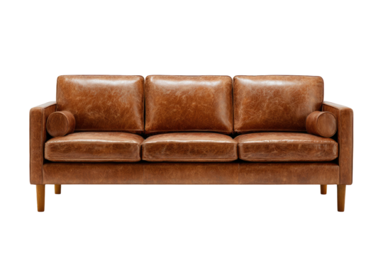 Brown leather sofa with three cushions and simple legs