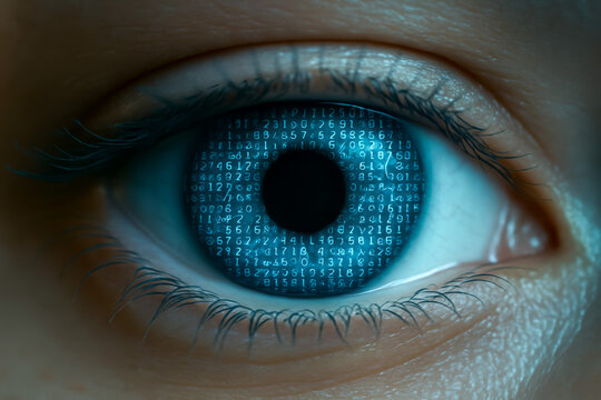 Eye with digital numbers representing data and technology concepts