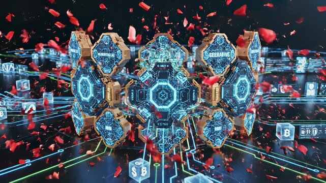 Cyber Security Concept with Futuristic Cityscape, High Tech Computer Screen, Confetti Like Cubes and Tree, Perfect for Stock Media Buyers Seeking Innovative Visuals that Convey Cutting Edge.