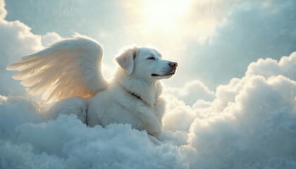 Obraz premium White dog with angel wings rests peacefully among soft clouds. Sunlight streams from above, creating a heavenly, serene atmosphere. This creature appears calm and content in paradise after its life.
