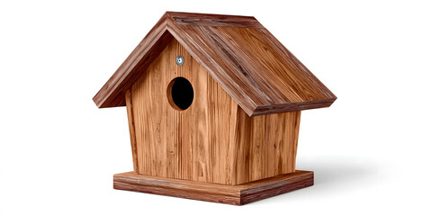 Authentic photography of an old-fashioned wooden birdhouse, isolated on white, showcasing realistic detail and texture.