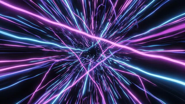 Swirling purple and blue light streaks in a dark room create an otherworldly atmosphere, capturing the essence of technological innovation or avant garde concepts, perfect for depicting.