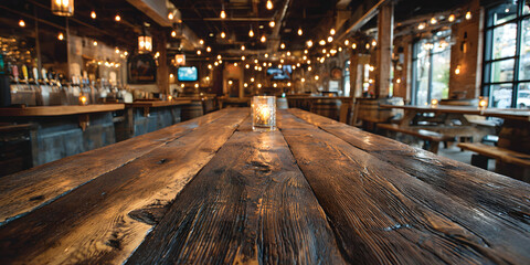 Inviting brewery scene with a rich dark wood bar top, captured directly from the front at a right angle.