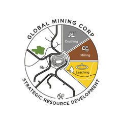 Global Mining Corp's strategic resource development diagram, illustrating crushing, milling, and leaching processes.