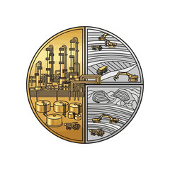 Illustration of an industrial complex and mining operations in four quadrants.
