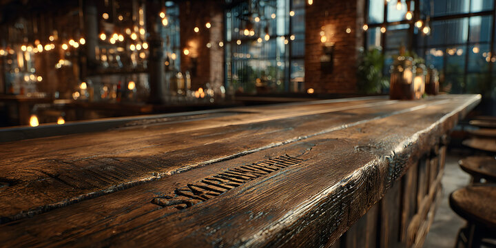 ght modern brewery interior showing a dark wooden bar top, photographed head-on at 90 degrees.