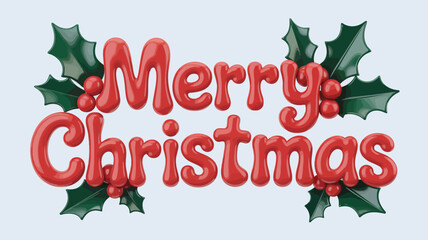 Festive merry christmas text with glossy red lettering and traditional holly leaves and berries