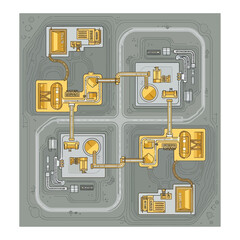 Top-down schematic illustration of a modular industrial factory with interconnected pipelines and machinery.