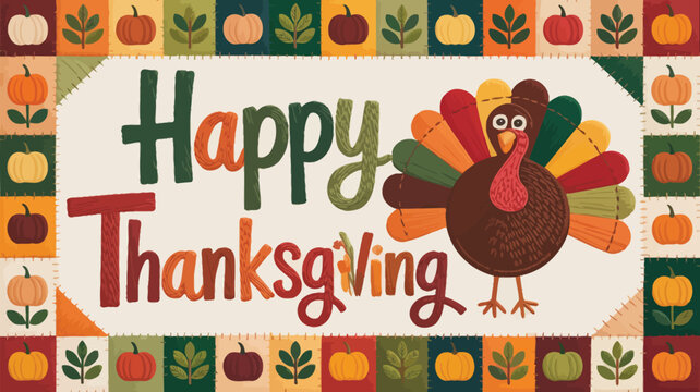 Whimsical cartoon turkey and pumpkins border with happy thanksgiving greeting in a quilt style