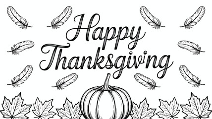 Happy thanksgiving handwritten calligraphy with pumpkin feathers and autumn leaves border illustration