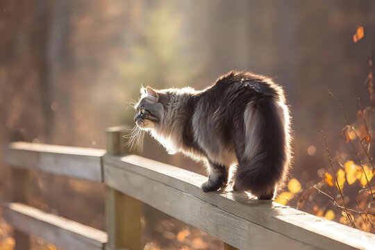 Fluffy gray cat walking on wooden fence in autumn forest with golden sunlight creating magical atmosphere.