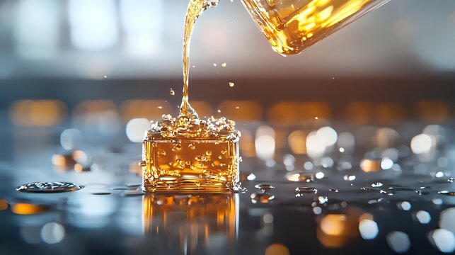 Golden whiskey pouring into glass with splash effect against blurred bar background, creating dynamic liquid motion and amber reflections.