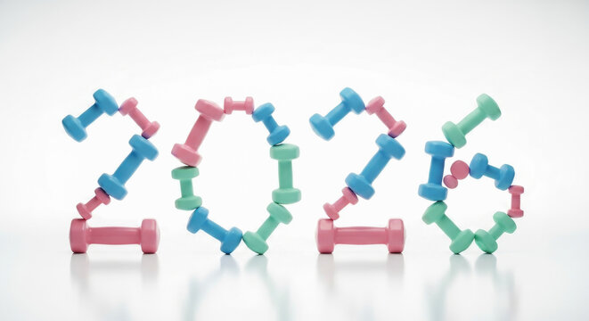 Minimal pastel dumbbells arranged as &ldquo;2026&rdquo; on clean white background &mdash; playful high‑key studio still life with soft reflections and ample copy space. Concept: wellness goals, New Year resolutions, ge