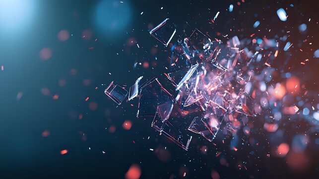 Shattered glass fragments exploding in dramatic slow motion against dark blue background with orange and red light reflections.