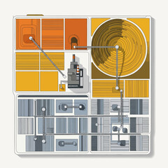 Top-down schematic illustration of a complex, automated industrial machine or factory process.