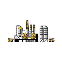 Illustration of an industrial complex with storage tanks, smokestacks, and trucks, representing manufacturing and production.