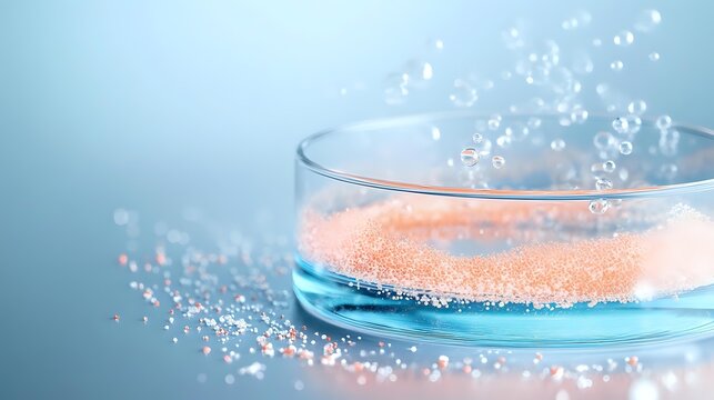Effervescent orange powder dissolving in water with bubbles rising in glass container against blue background. Useful for pharmaceutical or supplement concepts.
