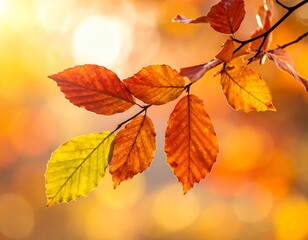 Autumn leaves on a tree branch, vibrant colors, fall season, nature photography.