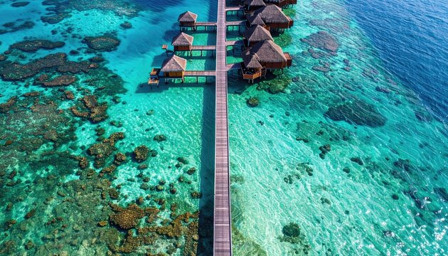 Overhead Aerial View of Overwater Bungalows on a Wooden Pier Above Crystal Clear Turquoise Water and Coral Reefs on a Sunny Day - Powered by Adobe