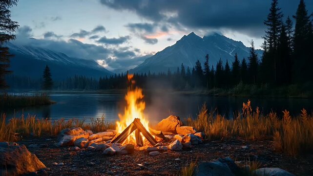 Campfire Burning by a Tranquil Lake at Dusk Surrounded by Majestic Mountains and Forest