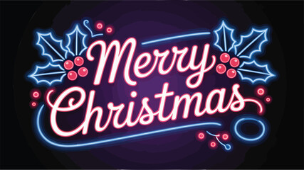 Retro neon sign with holly and berries wishing merry christmas on a dark background