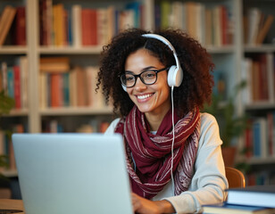 Smiling young woman with curly hair, glasses, white headphones, uses laptop. Connects for online learning remote teaching, sitting at desk with books, background bookshelf. Digital education, modern