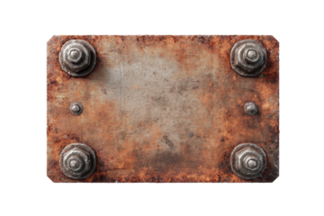 Rusty metal plate with bolts and rivets, centered view