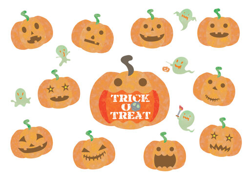 ハロウィーン, １０月、幽霊、おばけ、ジャックオーランタン、食べ物、野菜、セット、かわいい、星、夜、イベント、アイコン、キャラクター、漫画、カボチャ, ランタン, ホラー, ベクター, コレクション, デザイン, デコレーション, お祝い, 休日, 秋, オレンジ