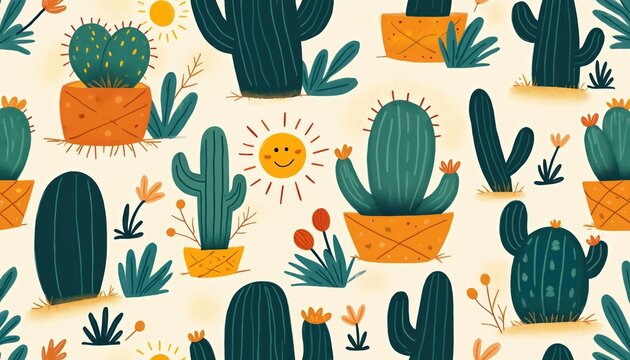 Playful cactus pattern with smiling suns and desert plants on cream background. Whimsical botanical design with colorful flora and cute desert motifs.