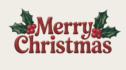 Festive merry christmas text design with traditional holly and berries illustration