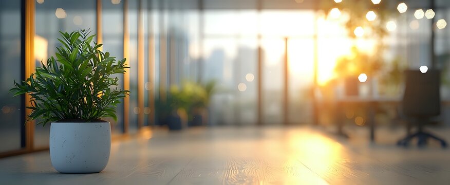 Green plant in modern office interior with warm sunset light creating peaceful workspace atmosphere.