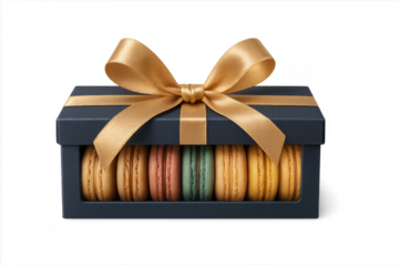 Colorful french macarons gift box with golden ribbon