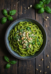 Tagliatelle with Pesto Sauce on Rustic Wooden Table with Copy Space