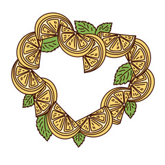 Decorative wreath made of lemon slices and mint leaves in groovy cartoon style. Bright citrus frame for summer drinks design, labels, or packaging, vector illustration. © setory