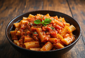 Rigatoni Pasta with Spicy Arrabbiata Sauce on Rustic Wooden Background with Copy Space