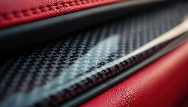 Red leather car interior trim with carbon fiber panel detail. Stitched seams show luxury auto design elements. Glossy finish on woven material.
