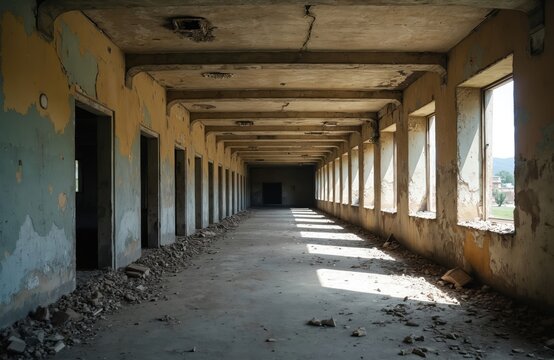 Long empty corridor inside abandoned building. Walls with peeling paint, broken floor, many doors, windows letting in sun light. Old derelict structure interior.