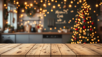 Festive kitchen backdrop with empty wooden table in foreground, Christmas atmosphere for holiday cooking and gatherings
