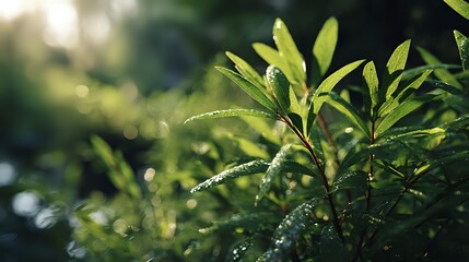 Fototapeta premium Fresh green leaves with morning dew drops glistening in soft sunlight, creating a serene natural atmosphere for environmental and wellness concepts.