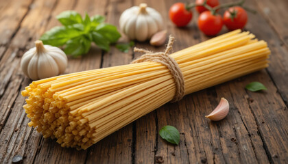 Uncooked Spaghetti and Ingredients on Rustic Wooden Table with Copy Space