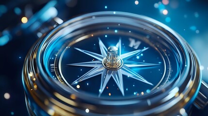 Vintage compass with star-shaped needle on blue background, navigation instrument for direction finding and orientation in business strategy.