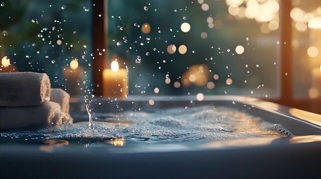 Luxurious spa bathtub with bubbling water, lit candles, and folded towels creating relaxing atmosphere with bokeh lights and water droplets.