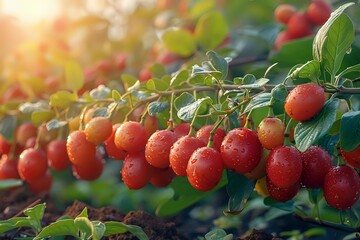 Ripe red cherries on branch with green leaves in warm sunset light, water droplets glistening on fresh fruit in orchard.