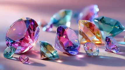 Fototapeta premium Colorful crystal gemstones in various shapes and sizes scattered on reflective surface with soft pink background. Luxury jewelry elements.