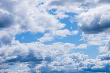 A blue sky with a few clouds. The sky is clear and bright, with no signs of rain or storm.