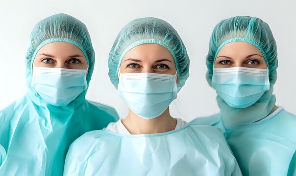 Healthcare professionals in surgical attire with protective masks and caps standing together in hospital setting for medical teamwork concept.