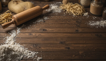 Rustic Still Life with Pasta and Rolling Pin on Wooden Surface with Copy Space